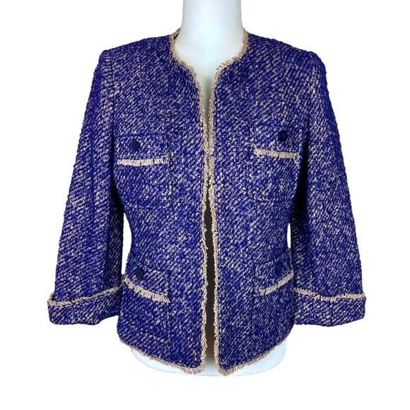 Talbots Jackets & Blazers - Talbots Wool Tweed Open Front Collarless Jacket Blazer Frayed Trim Purple Size 6